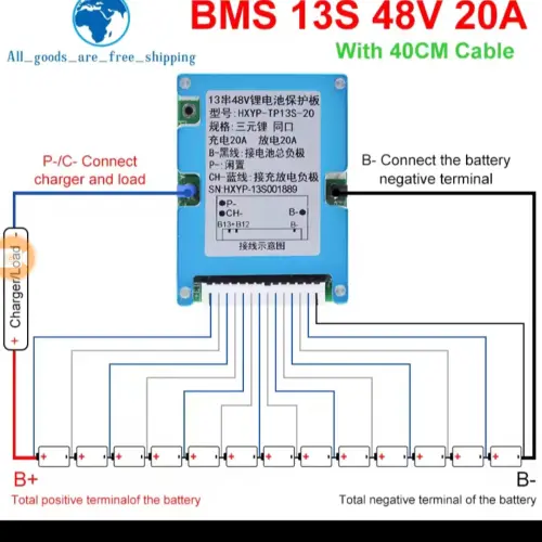 13S BMS 48V 20A Placa de protección PCB de iones de litio con cable de equilibrio y NTC, diez protecciones funcionales, puertos divididos, para batería de iones de litio (13S 48V 20A)'s photo #4